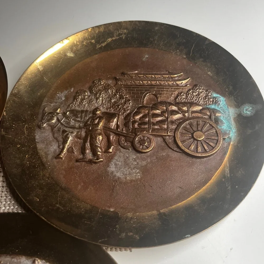 Vintage Korean Brass Copper Wall Plates Set of 3 Mixed Metal Relief Decor 11.75